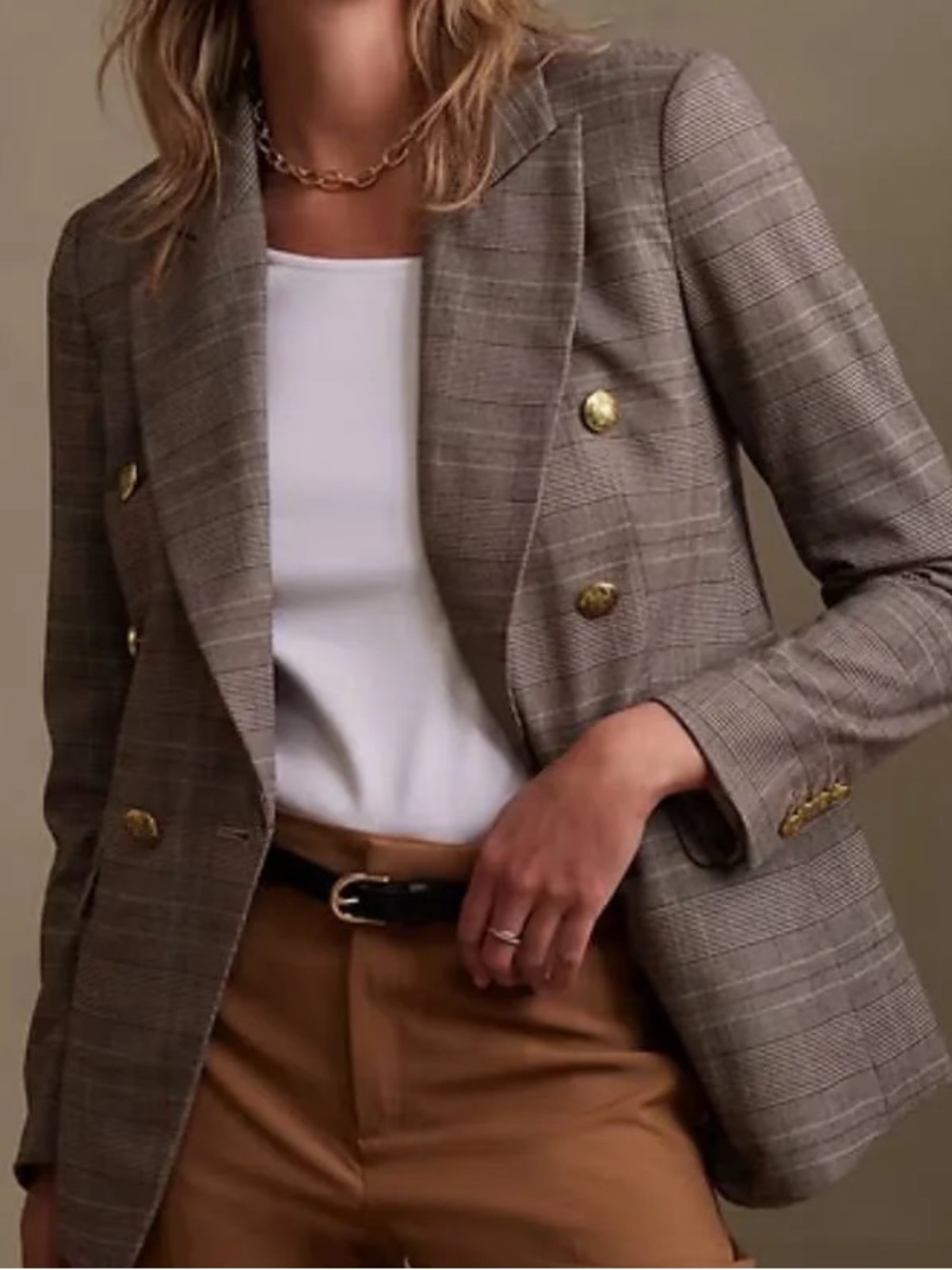 Banana Republic Brown Plaid Double-Breasted Blazer with Gold Buttons